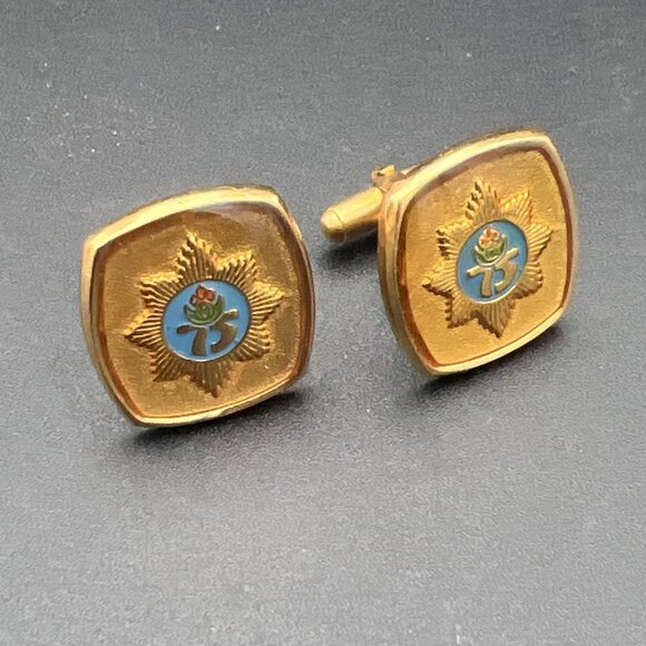 Vintage 75th Anniversary South Africa Police Badge Cufflink Set Gold Tone Blue - Picture 1 of 6